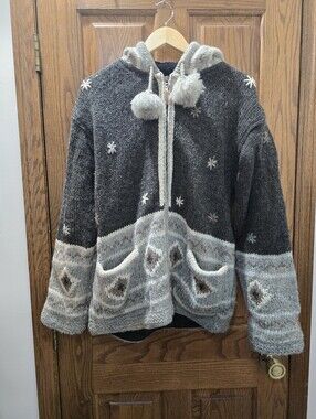 Kyber Outerwear Wool Hooded Sweater Jacket Gray Fair Isle Nepal Cozy Heavy Warm